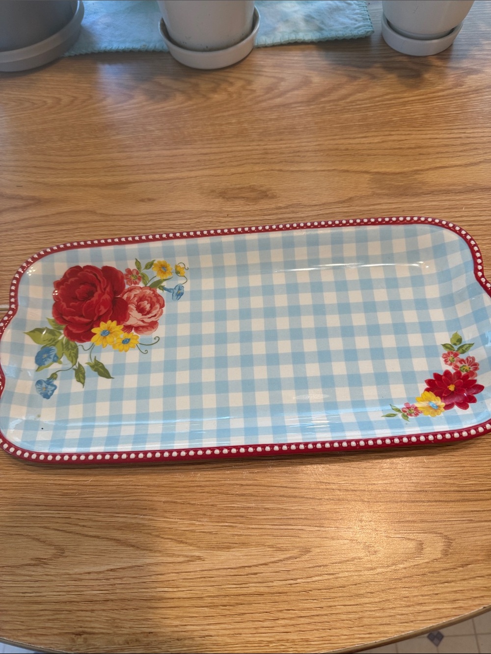Pioneer woman  Blue Gingham Floral Serving Platter with Red Trim